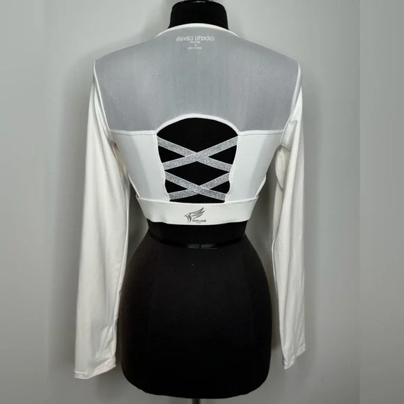 ROBERTO CAVALLI White Long Sleeve Sports Bra Mesh Cut Outs Criss Cross Stretch